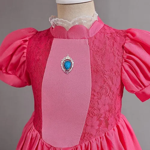 Vista 4 de Touchliit Disfraz de princesa melocotón para niñas, disfraz de princesa melocotón de Halloween para niños, disfraz de cosplay de Super Bros