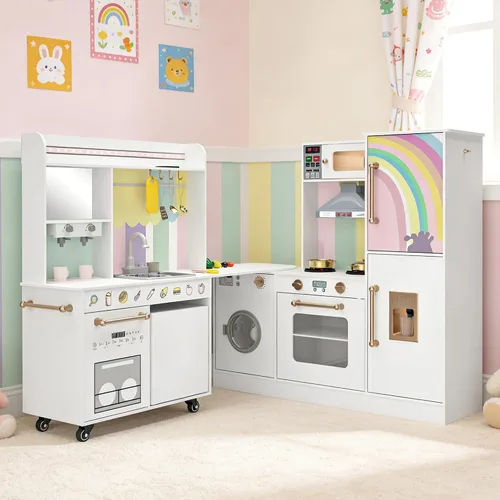 Vista 10 de Juego de cocina grande de esquina de madera, juego de cocina para niños con máquina de hielo, sonido y luz realistas, fregadero de juguetes con agua