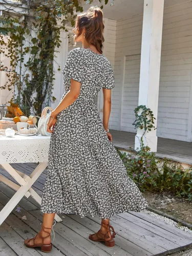 Vista 6 de PRETTYGARDEN Vestidos florales de verano para mujer, cuello en V, manga corta, vestido de sol fluido con abertura en línea A, vestido largo bohemio