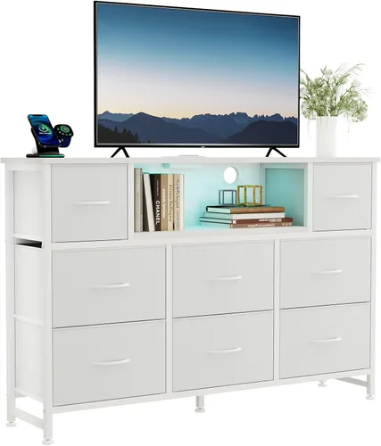 Vista 15 de DUMOS - Cómoda para TV con 8 cajones de tela, cómoda, color negro APP Control LED Lights and Type-C Charging Station, Fabric Storage Tower TV