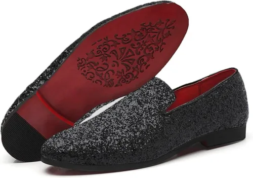 Vista 7 de Haza Pairs Pantuflas brillantes para hombre, con lentejuelas metálicas, con textura, esmoquin con purpurina, mocasines de graduación, zapatos