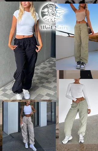 Vista 6 de Waitfairy Pantalones de paracaídas para mujer, pantalones cargo holgados con bolsillos