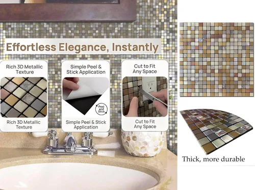 Vista 3 de 10 hojas de azulejos de salpicaduras para despegar y pegar, paneles de pared autoadhesivos de aluminio 3D, calcomanías de mosaico metálico