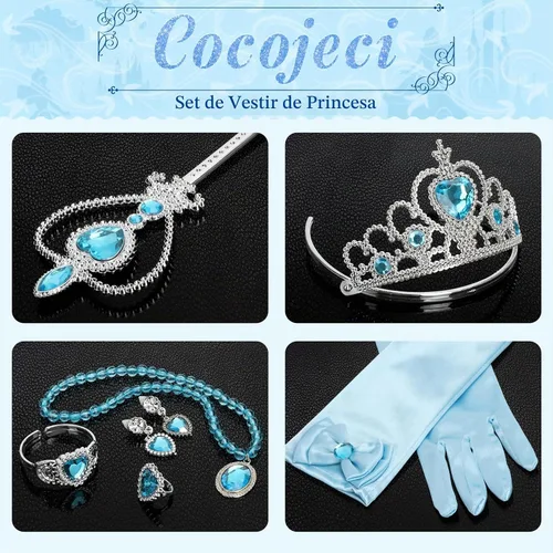 Vista 7 de Cocojeci Accesorios de fiesta de disfraces de princesa para disfraz de princesa, guantes de disfraz de tiara, collar, aretes, pulsera y anillo Azul