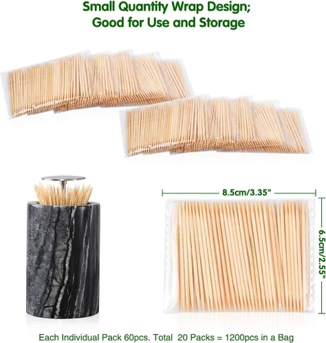 Vista 4 de Minisland Palillos de dientes de bambú prémium de 0.079 pulgadas de grosor, 1200 unidades a granel en 20 paquetes pequeños, púas redondas de madera
