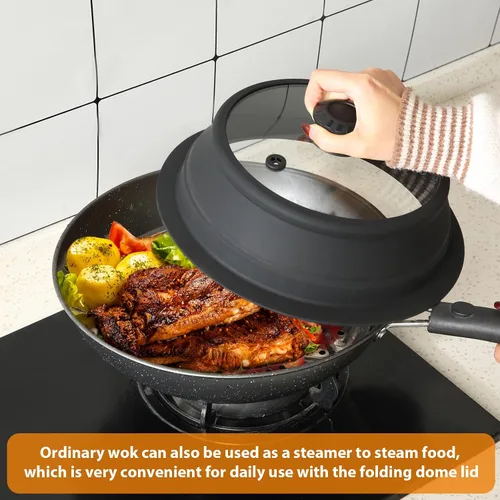 Vista 6 de Tapa plegable para salpicaduras de microondas con cubierta de vidrio templado ventilado, tapa wok apta para microondas, olla de vapor y olla redonda