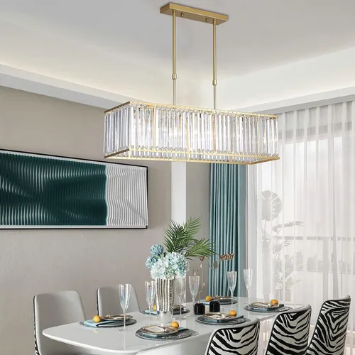 Vista 6 de AngelcityCC Candelabro rectangular de cristal moderno de lujo con 4 luces para techo para comedor, cocina, isla de 33.5 pulgadas