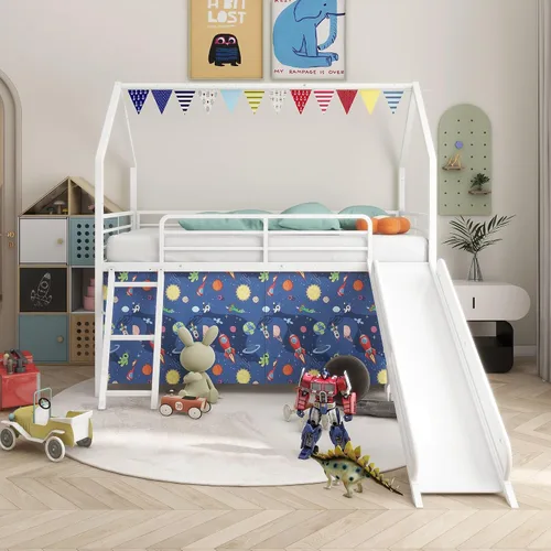 Vista 8 de Cama tipo loft de metal tamaño individual con tobogán y cortina, cama tipo loft con escalera y riel de seguridad, marco de cama tipo loft para niños