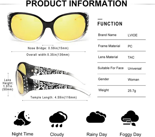 Vista 14 de LVIOE Gafas de conducción de visión nocturna envolventes antirreflejos con lente amarilla polarizada para mujer