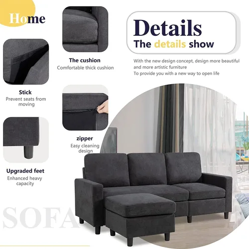 Vista 4 de SUNLEI Sofá modular de 79 pulgadas, sofás convertibles en forma de L para sala de estar, juegos de muebles de 3 piezas, sofá modular con diván