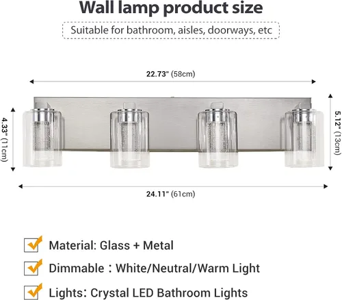 Vista 9 de Lámpara de tocador de 4 luces de níquel cepillado, cristal de burbujas con luces regulables de 3 colores, moderna lámpara de pared para baño