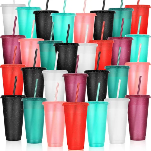 Vista 8 de Honeydak Paquete de 60 vasos con popote y tapa, vasos a granel para regalos, tazas de café de plástico con purpurina de 24 a 27 onzas, botella