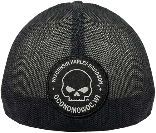 Vista 2 de Harley-Davidson Willie G Skull Logo Gorra de camionero de malla curvada para hombre, color negro, Negro