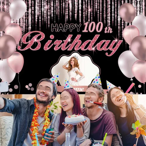 Vista 6 de Cartel de decoración de feliz cumpleaños número 100 de oro rosa, tamaño grande, personalización con nombre y foto compatible