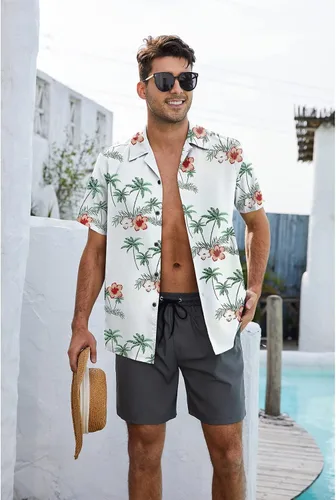 Vista 2 de Century Star Camisas hawaianas para hombre, diseño floral, casual, con botones, de manga corta, tropical, de verano, para hombre