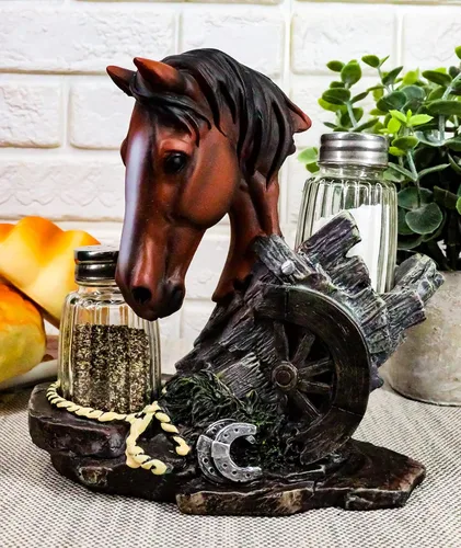Vista 8 de Ebros Country - Juego de figuras de caballo de semental marrón castaño occidental por Farm Wagon Wheel Lasso Herraduras Salero y Pimentero Estatua