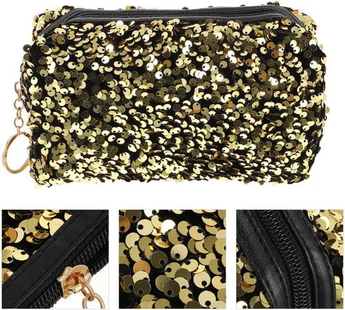 Vista 9 de VALICLUD Bolsa de cosméticos de viaje con lentejuelas, bolsa de cosméticos portátil con purpurina, bolsa de maquillaje con cremallera, bolsa
