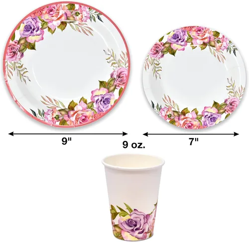 Vista 3 de Gift Boutique Juego de 96 piezas de suministros de fiesta de flores rosas y moradas, platos de papel, servilleta para niña, baby shower, té