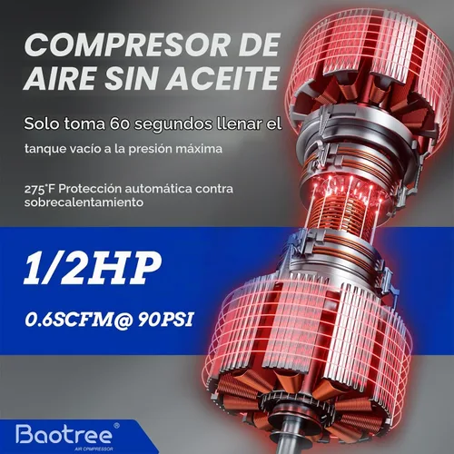 Vista 3 de Compresor de aire portátil de 4 galones, tanque de compresor de aire sin aceite máximo de 110 PSI, motor de 0.5 HP 0.6 SCFM a 90 PSI, 1.0 SCFM a 40
