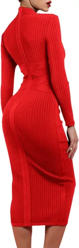 Vista 3 de UONBOX Vestido de manga larga para mujer, con tirantes cruzados, acanalado, para club, fiesta, midi