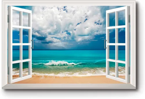Vista 15 de Renditions Gallery Impresiones de pared de naturaleza para decoración de ventana para el hogar Inundado en la playa de arena, lienzo colgante