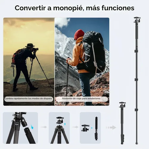 Vista 7 de SmallRig AP-10 Trípode de cámara de fibra de carbono de 52.4 pulgadas máx. Carga útil 11lb Cabezal de bola de 360°, monopie desmontable, ligero