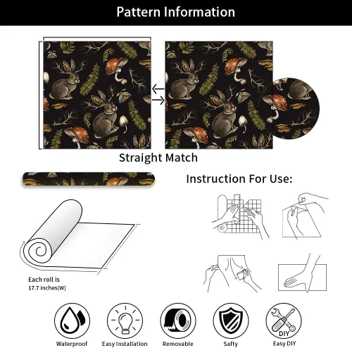 Vista 7 de MuralPeel Setas Conejos Animales Helecho Plantas Polilla Papel Pintado de Despegar y Pegar Autoadhesivo Extraíble Fácil de Despegar Adhesivo