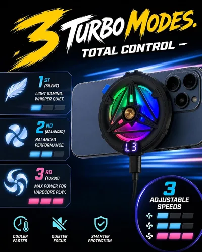 Vista 3 de Phone Cooler, Low Noise Cooling Fan for Phone Phone Cooler for Gaming USB Semiconductor Cooling Fan RGB Light, Magnetic Ring & Clip Cellphone black