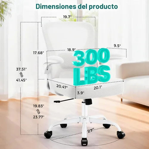 Vista 2 de AreShark Silla de oficina – Silla de escritorio ergonómica de malla transpirable con soporte lumbar ajustable y reposabrazos abatibles – Silla Blanco