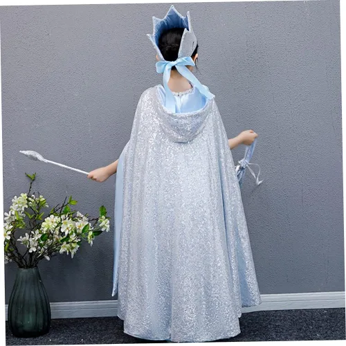 Vista 3 de Capa de princesa con capucha para niñas pequeñas, cosplay, capa de Elsa, capas de princesa azul, Navidad, Halloween, accesorios de fiesta
