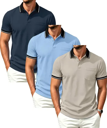 Vista 25 de GEEK LIGHTING Paquete de 3 camisas polo de manga corta con bolsillo para Negro Gris Armygreen