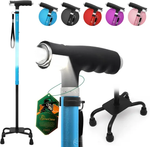 Vista 12 de Bastón BeneCane de cuatro puntas con dos luces LED con base grande, mango en T y ligereza, bastón ajustable para caminar de cuatro puntas resistente