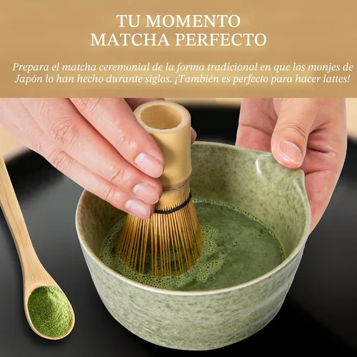 Vista 4 de Juego de batidor de matcha, kit para hacer matcha con batidor (soporte Chasen), soporte de batidor de cerámica (negro), pala de bambú, tamizador