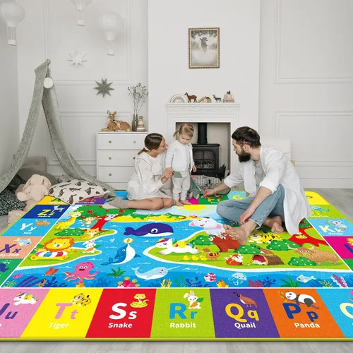 Vista 8 de Alfombra infantil de 5 x 7 pies para sala de juegos, alfombra de juegos con ABC y animales, alfombra antideslizante súper suave para suelo, tapete