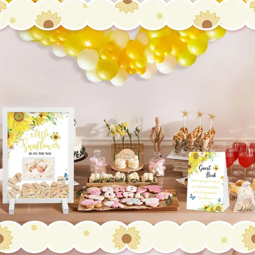 Vista 7 de Chunful 65 piezas de decoración de girasol para baby shower, libro de invitados alternativo para baby shower, letrero naranja para baby shower