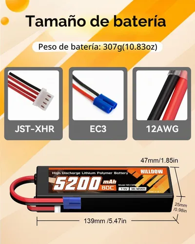 Vista 3 de Hilldow 5200mAh 2S 80C 7.4V Lipo - Estuche rígido con conector EC3 para automóvil, camión, barco, vehículos (2 paquetes)