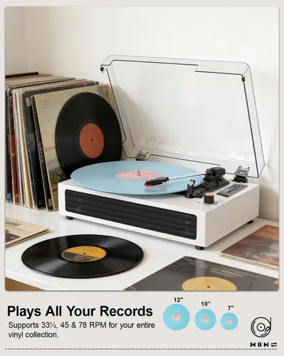 Vista 3 de Tocadiscos de vinilo Bluetooth, reproductor de vinilo retro de 3 velocidades con altavoces integrados, entrada AUX, parada automática, grabación