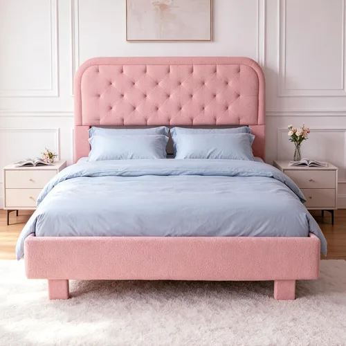 Vista 16 de VINGLI Base de cama individual para niños, cama de plataforma tapizada Boucle con cabecera ajustable, soporte de listones de madera resistente, cama