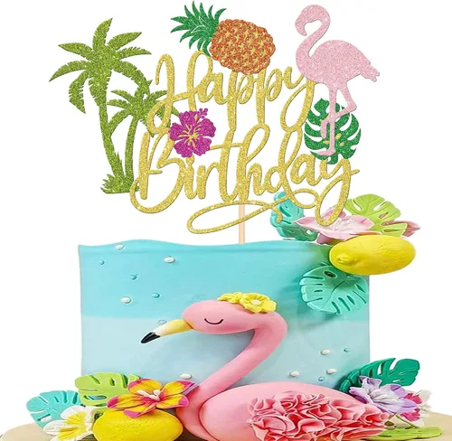 Vista 11 de 1 pieza de decoración de pastel de flamenco con purpurina para palmera, tortuga, hoja, flor, piña, flamenco, decoración para tartas tropicales