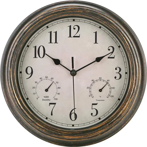 Vista 9 de Reloj de pared retro impermeable de 12 pulgadas para interiores y exteriores, con termómetro e higrómetro, funciona con pilas, reloj de pared Azul