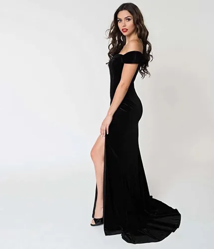 Vista 6 de RYANTH Vestido de fiesta de terciopelo de sirena para mujer, con hombros descubiertos, vestido de noche con abertura, vestido de cóctel RPM111