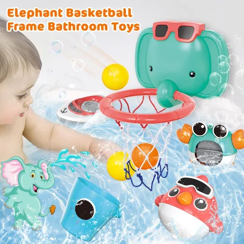 Vista 5 de VATOS Juguetes de baño para bebés, juguetes de baño de baloncesto de elefante para bebés, niños y niñas de 1 año, juego de bañera para bebés
