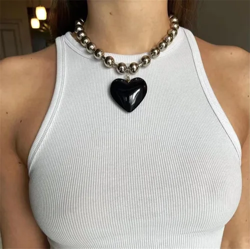 Vista 2 de Collar grueso de cristal grande con dije de corazón, collar de cadena ajustable, negro, verde, rosa, rojo, morado, arco iris, collar para mujer