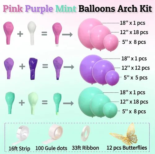Vista 5 de Kit de arco de globos rosa, morado y verde menta, globos pastel de doble relleno con mariposas doradas para baby shower, cumpleaños de niña, tema
