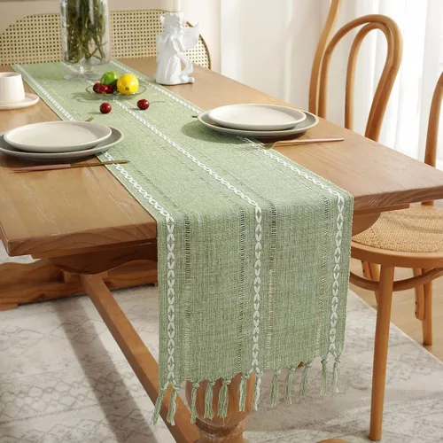Vista 4 de Camino de mesa rústico bohemio, caminos de mesa de granja de 36 pulgadas de largo para cocina y comedor, 13 x 36 pulgadas, líneas verdes salvia