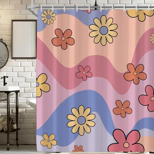 Vista 19 de Cortina de ducha pequeña para casa rodante, tamaño medio, estilo retro de los 70, con flores bonitas, estética abstracta de margaritas, decorativa
