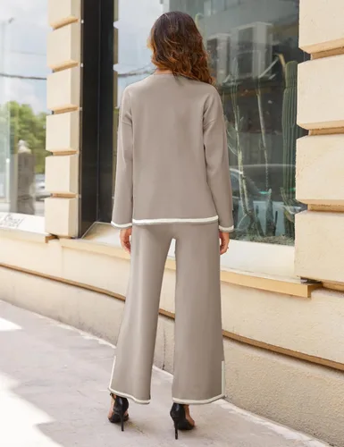 Vista 7 de Lentta Conjunto de 2 piezas de suéter de punto de manga larga para mujer, pantalones de pierna ancha, conjunto de descanso