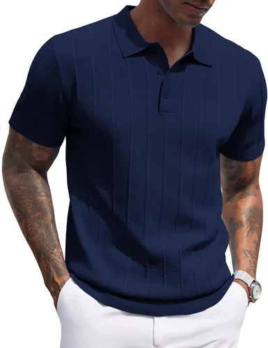 Vista 77 de COOFANDY Camisas polo de punto para hombre de manga corta con textura acanalada Camisas de golf casuales y ligeras con cuello Camiseta de polo