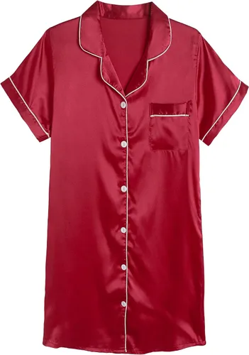 Vista 9 de Hupohoi - Vestido de pijama de satén para niñas, con botones, ropa de dormir sedosa, camisón de manga corta, camisa de noche, vestidos Negro