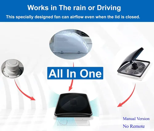 Vista 3 de Ventilador de Techo para RV con Protector de Lluvia Integrado, 10 Velocidades, 12V, 14'', Reversible (SIN CONTROL REMOTO)